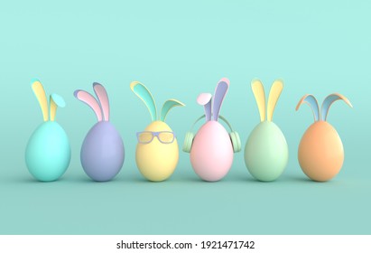 Colorful Easter Egg With Rabbit Ears On Green Background. Happy Easter Big Hunt, Sale Banner, Mockup Template.  Religious April Holiday Easter. Cute Bunny Egg With Sun Glasses And Earphones 3d Render