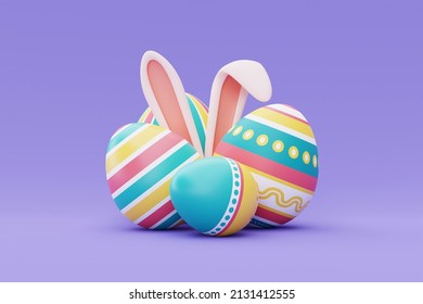 Colorful easter eggs with bunny ears on purple backgound,happy easter holiday concept.minimal style,3d rendering.
