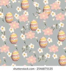 Colorful Easter eggs and flowers pattern on a soft grey background for festive celebrations - Powered by Shutterstock