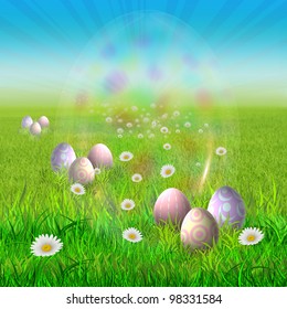 Colorful Easter Eggs in The Green Grass