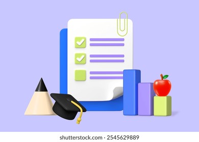 A colorful educational illustration featuring a checklist, a graduation cap, and school supplies. Illustration for education themes, school projects, and academic success. Ideal for students. - Powered by Shutterstock