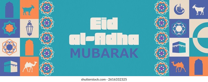 Colorful Eid al-Adha banner with bold typography, Islamic geometric patterns, Kaaba, goat, camel, lantern, and mosque icons. Retro-modern flat style with vibrant teal, orange, and cream tones.