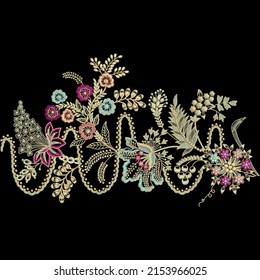 Colorful Embroidery Border Lace Design, Black Background, Trendy Flowers, Digital And Textile Print On Fabric