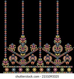 Colorful Embroidery Lace Border Design , Black Background , Digital And Textile Print On Fabric