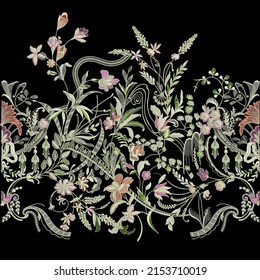 Colorful Embroidery Lace Border Design, Leaves Ornament, Black Background, Digital And Textile Print On Fabric