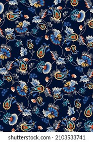 Colorful ethnic style fabric design pattern. with flowers, leaves and geometric motifs