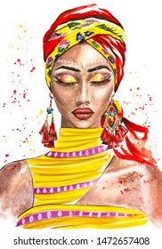 Colorful Exotic Portrait Of A Beautiful Dark Skinned Woman Wearing African Make Up, Hand Painted Watercolor Fashion Illustration