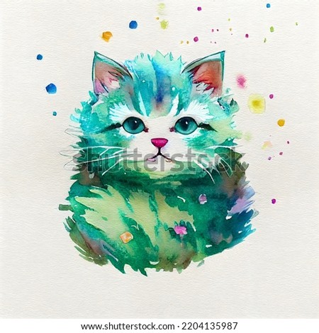 A colorful fairy kitten portrait. Watercolor painting. Illustration for books, children's fairy tales, t-shirt print, card, posters, etc. Cat painting series.