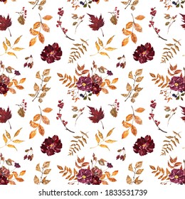 Colorful Fall Floral Seamless Pattern On White Background. Watercolor Red, Burgundy, Purple Flowers, Dry Orange Leaves, Foliage, Berries. Autumn Botanical Print. Hand Painted Illustration.