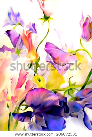 Colorful fantastic flowers. Watercolor on paper with digital texture.