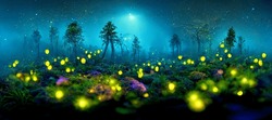 Colorful Fantasy Glowing Plants In Forest 3D Illustration