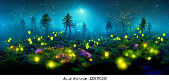 Colorful Fantasy Glowing Plants In Forest 3D Illustration