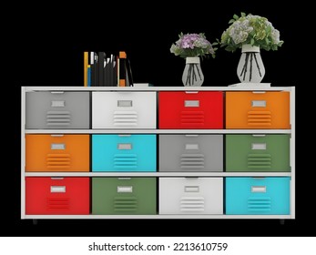 Colorful File Cabinet Mockup In Black Background. 3d Illustration. 3d Rendering