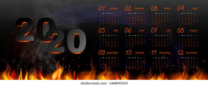 Colorful Fire Calendar On A Black Background, For 2020. Wall Mounted Large Poster.