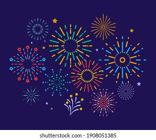 Colorful fireworks. Festive christmas pyrotechnics firecrackers. Xmas winter party festival salutes background