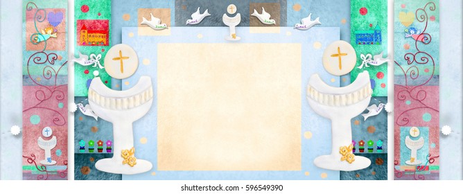 Colorful First Holy Communion Oblong Invitation With Blank  Space To Write Dates And Put Photo