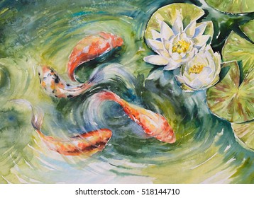 Colorful fishes swimming in pond .Picture created with watercolors.
