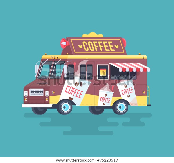 Colorful flat\
coffee truck. Cartoon\
illustration.