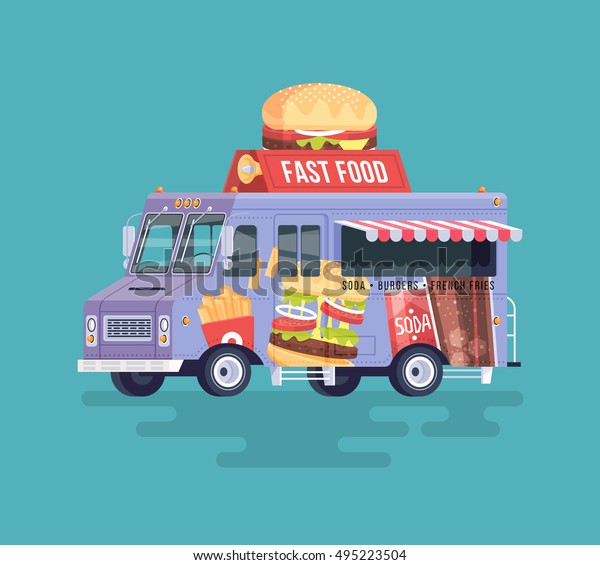 Colorful flat fast food
truck. Street cuisine. Burgers and sandwiches. Cartoon food truck
illustration.
