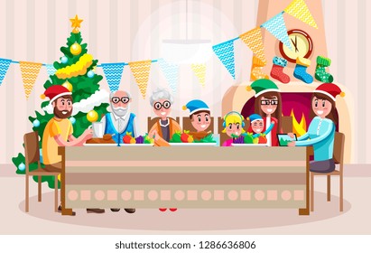 Colorful flat style design of cheerful multi-generational family celebrating Christmas with dinner - Powered by Shutterstock