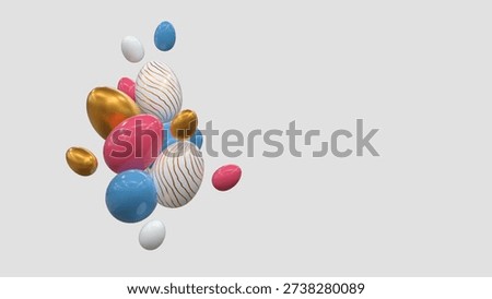 Colorful floating Easter eggs with gold stripes, luxury spring celebration concept with pink, blue and golden eggs on white background - 3D rendering