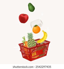 Colorful floating fruits and vegetables in a red basket on white background. Apples, bananas, and pineapples. Fresh produce, healthy eating, and vibrant colors in a shopping basket. - Powered by Shutterstock