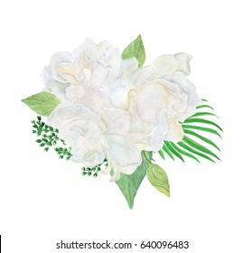 Colorful Floral Collection With Leaves And White Gardenia Flowers, Drawing Watercolor. Design For Invitation, Wedding Or Greeting Cards