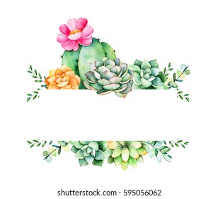 Colorful floral frame with leaves,succulent plant,branches and cactus.World of succulents and cactus collection.Perfect for wedding,frame,quotes,pattern,greeting card,logo,invitations,lettering etc