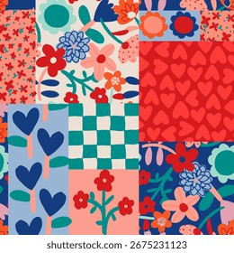 Colorful floral patchwork seamless pattern. Retro groovy abstract geometric shapes, hearts, and flowers. Folk art vector background.