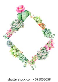 Colorful floral rhombus frame border with leaves,succulent plant,branche and cactus.World of succulents and cactus collection.Perfect for wedding,quote,pattern,greeting card,logo,invitations,lettering