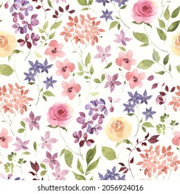 Colorful Floral Seamless Pattern With Flowers And Green Leaves In Rustic Provence Style, Watercolor Illustration On Ivory Background For Textile, Wallpaper Or Wrapping Paper.