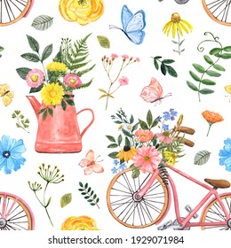 Colorful floral seamless pattern. Watercolor pink bicycle, flowerpot with bouquet, wildflowers, herbs, butterflies on white background. Spring botanical print. Blooming meadow illustration.