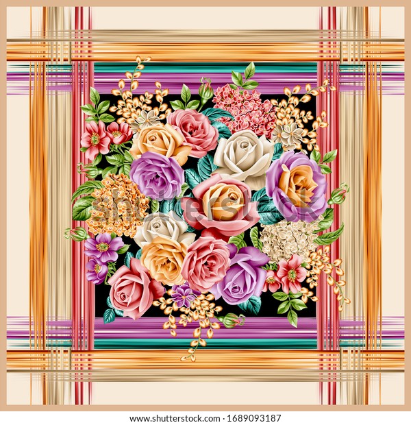 Colorful flower bouquet with abstract\
border. Roses, hortensia and bunch flowers. It can be used in\
apparel, scarves, home textiles and all other\
fields.