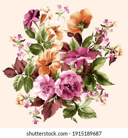Colorful flower bunch. Romantic Flowers. Pink rose. Beautiful Seamless Background with Spring and Summer Flowers.