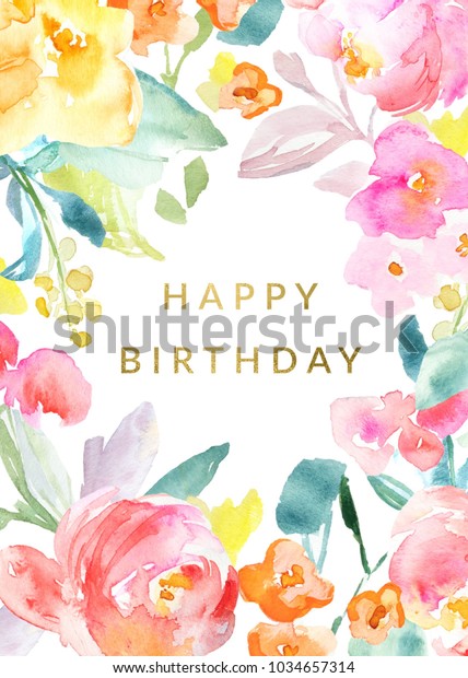 Farbige Blumen Happy Birthday Card Hintergrund Mit Tropischen Aquarellelementen