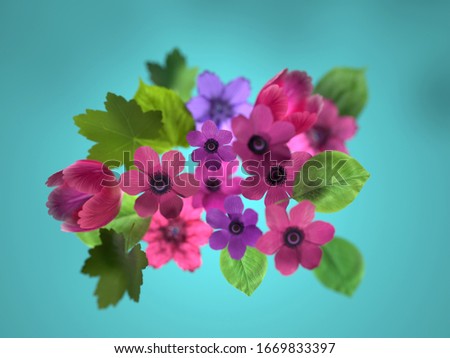 Colorful flowers and leafs on a teal background, spring or summer concept. 3D render /rendering