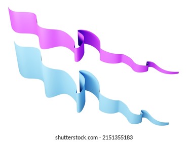Colorful fluttering ribbons. Decorative tapes flutter in air. Fabric scenery. Two colored tapering ribbons. Three-dimensional tapes for text. Fabric ribbons isolated on white. 3d rendering.