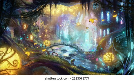A colorful forest city of fairies with magical glowing plants, ancient mighty moss-covered trees with beautiful houses glowing windows are built, butterflies and fireflies fly in the air. 2d art