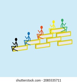 Colorful Funny Little Men, Pictogram, Sitting On A Yellow Brick Wall, Isolated On A White Background