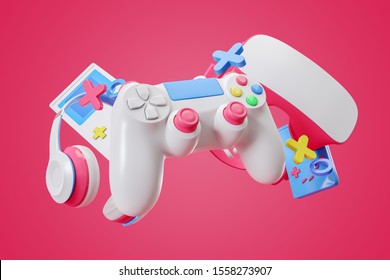 Colorful Gamepad, Headphones And Game Console Hanging Isolated On A Pink Background. Gaming Concept. 3d Rendering.