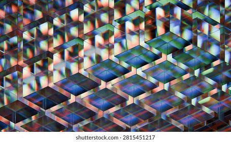 A colorful geometric pattern with 3d cubes creating mesmerizing visual effect, showcasing vibrant reflections and light play