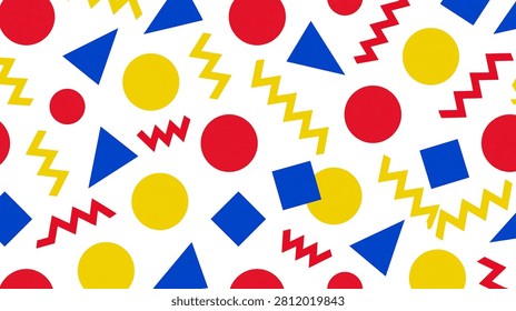 Colorful geometric pattern with red circles blue triangles and yellow zigzags