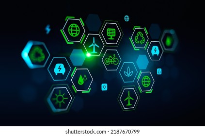 Colorful Glowing Green Energy Hud With Diverse Icons. Ecosystem And Digital Technology. Concept Of Ecology And Resources. 3D Rendering