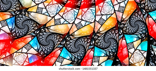 Colorful glowing stained glass with Fibonacci pattern, computer generated abstract background, 8k widescreen, 3D rendering
