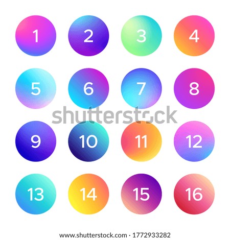 Colorful gradient with number.  set of shape circle and round, full glowing colored numerical illustration