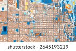 Colorful Greeley Art Map with Labels and Buildings with many details for urban roads, paths and disctricts.