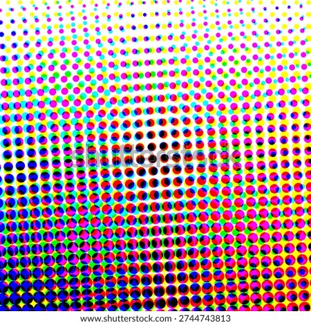A colorful halftone pattern composed of multicolored dots on a white background, creating a...