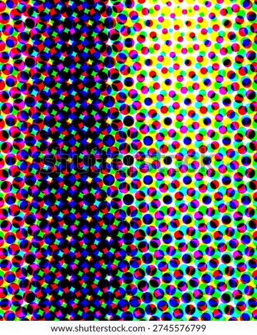 A colorful halftone pattern composed of multicolored dots in various sizes and colors,...