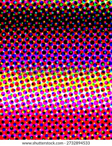 A colorful halftone pattern composed of small circles and squares in various colors, including...