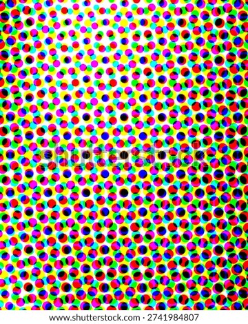 A colorful halftone pattern composed of small multicolored dots on a white background, creating...